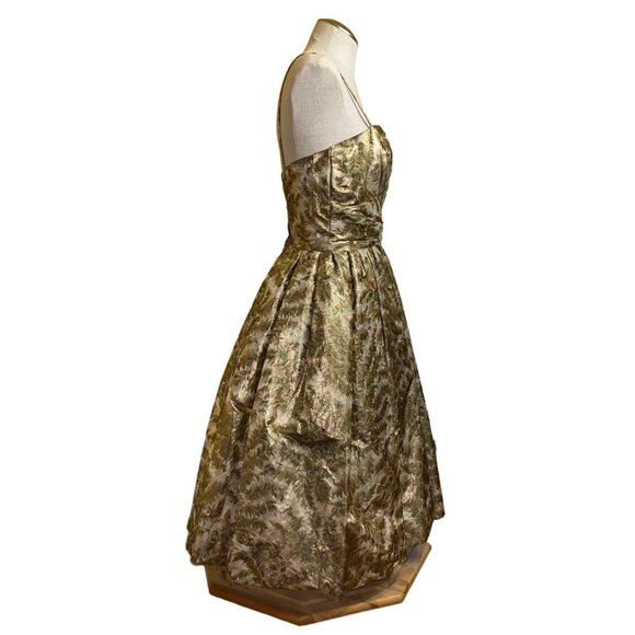 Handmade Gold & Brown Fern Print Dress W/ Crystal-Like Belt Buckle Spaghetti Str - Picture 2 of 8